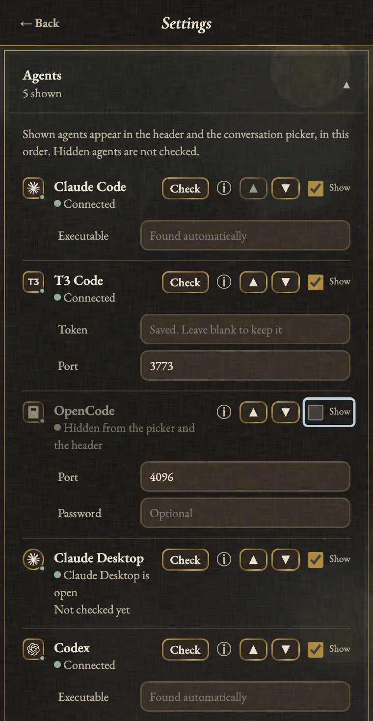 Agent Auto-Continue Settings with the Agents section open and 5 shown: Claude Code moved to the top, then T3 Code, a dimmed OpenCode row marked hidden from the picker and the header, Claude Desktop and Codex. A blue box marks the unticked Show box for OpenCode.