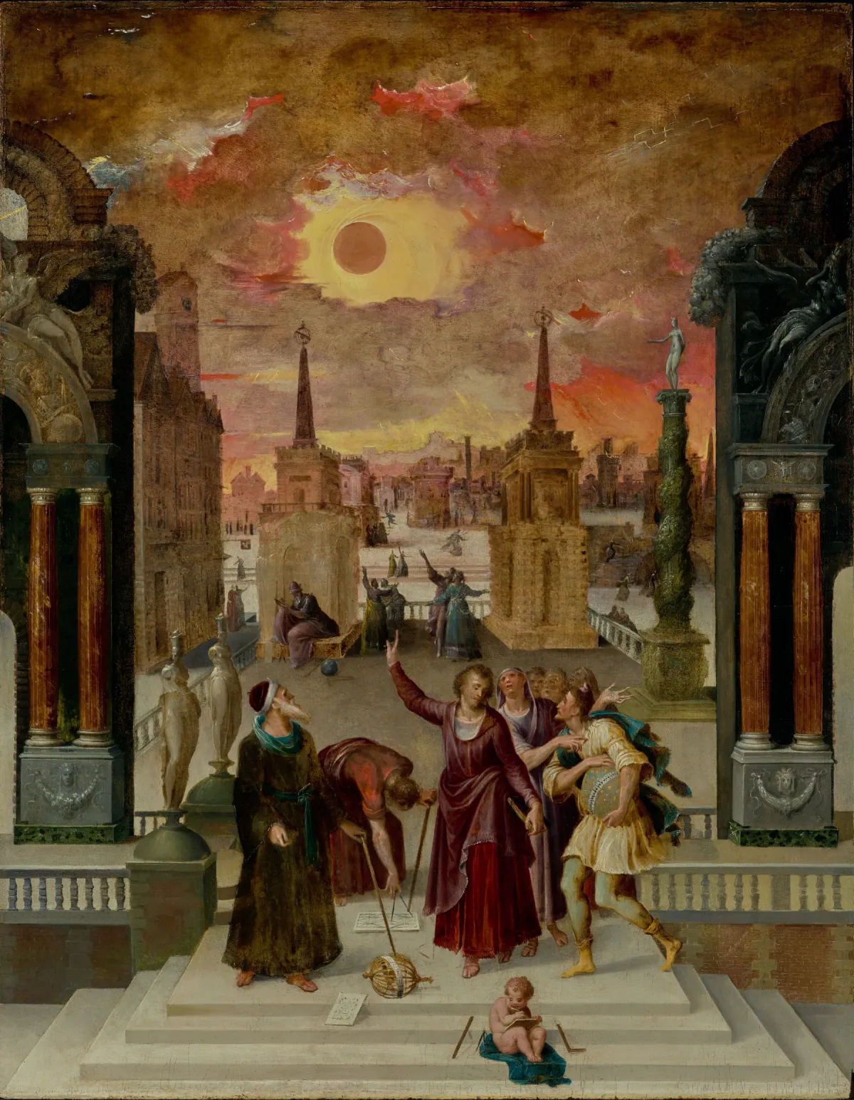 A painted solar eclipse in a red and gold sky over a classical city, with philosophers on a terrace below.