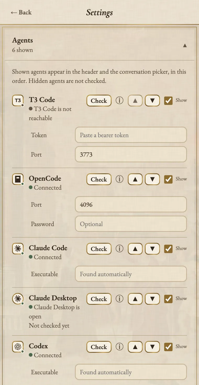 Agent Auto-Continue Settings on first launch with the Agents section open and 6 shown, listing T3 Code, OpenCode, Claude Code, Claude Desktop and Codex, each with a Check button, an info icon, reorder arrows and a Show box. T3 Code is not reachable yet and its token field asks for a bearer token, while the others are connected or open.