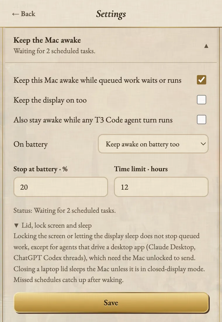 The Keep the Mac awake section of Agent Auto-Continue Settings, switched on and waiting for 2 scheduled tasks, with Keep the display on too unticked, Keep awake on battery too, a 20 percent battery floor, a 12 hour time limit and a note on lid, lock screen and sleep.