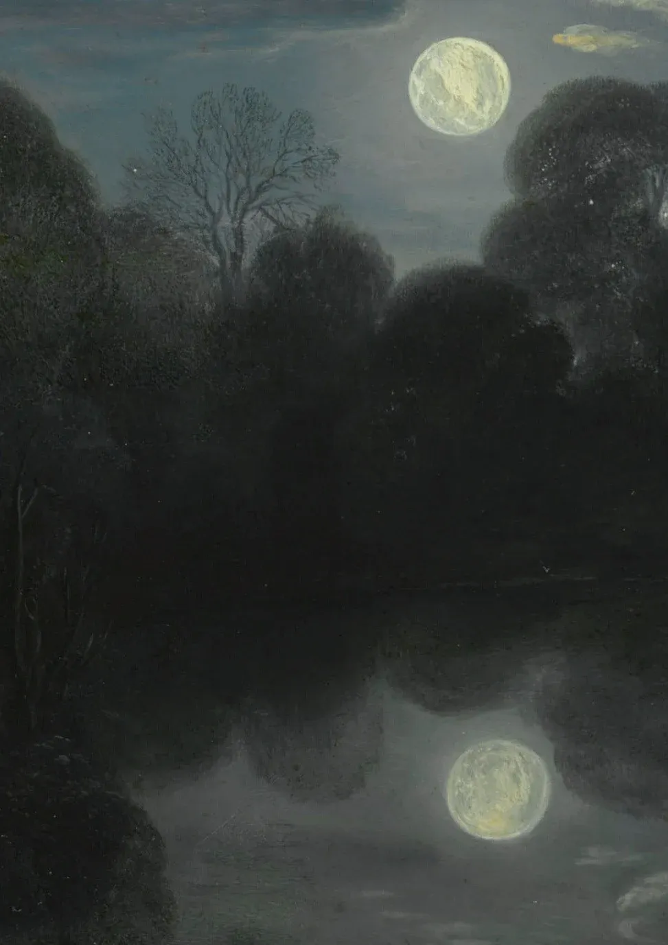A painted full moon over dark trees, reflected in still water.