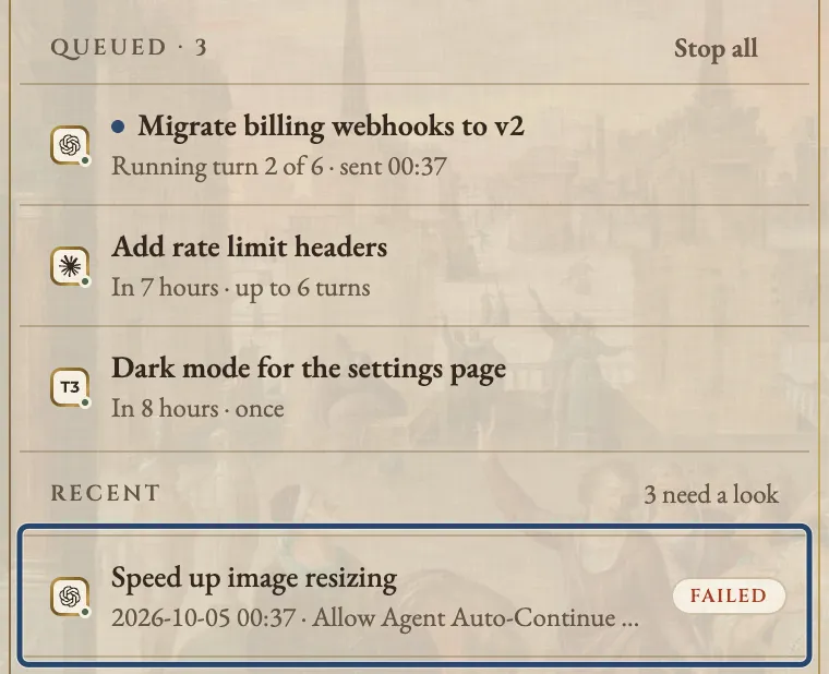The Agent Auto-Continue queue with three items, and under Recent a ChatGPT (Codex) message, Speed up image resizing, marked Failed with the note Allow Agent Auto-Continue in, cut short. A blue box marks that row.
