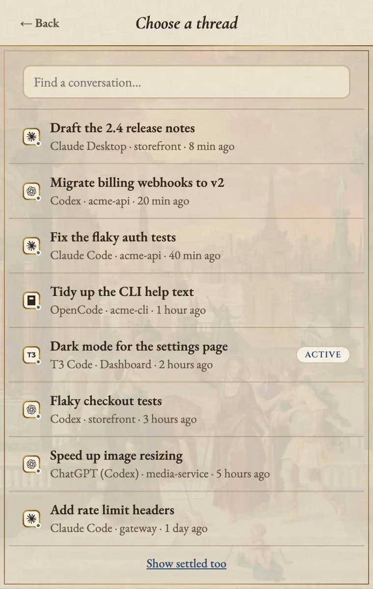 The Agent Auto-Continue conversation picker, Choose a thread, listing eight conversations newest first from Claude Desktop, Codex, Claude Code, OpenCode, T3 Code and ChatGPT (Codex), each with its agent mark, project and age, from Draft the 2.4 release notes 8 minutes ago to Add rate limit headers a day ago.