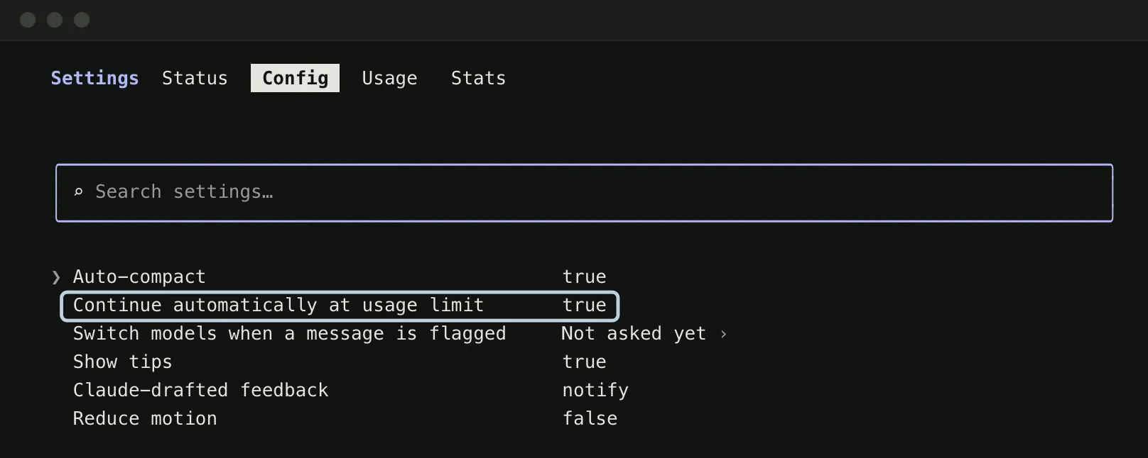 The Config tab of Claude Code settings, opened with /config, listing Auto-compact, Continue automatically at usage limit, Switch models when a message is flagged and more. A blue box marks the Continue automatically at usage limit row, set to true.
