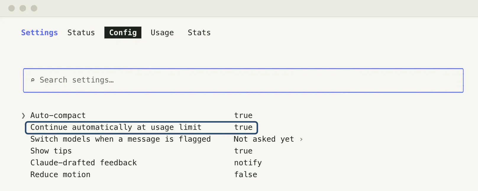 The Config tab of Claude Code settings, opened with /config, listing Auto-compact, Continue automatically at usage limit, Switch models when a message is flagged and more. A blue box marks the Continue automatically at usage limit row, set to true.