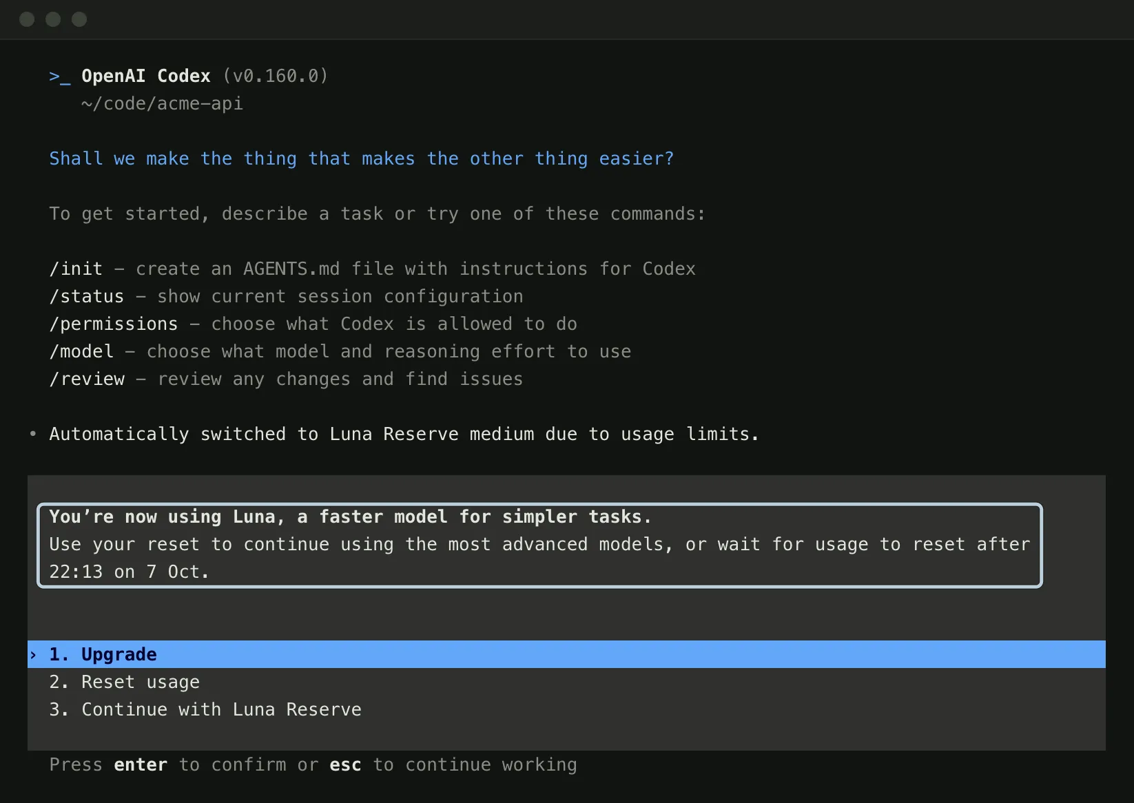 Codex CLI 0.160 in a terminal saying it automatically switched to Luna Reserve due to usage limits, above a dialog offering Upgrade, Reset usage or Continue with Luna Reserve. A blue box marks the message that it is now using Luna and that usage resets after 22:13 on 7 Oct.