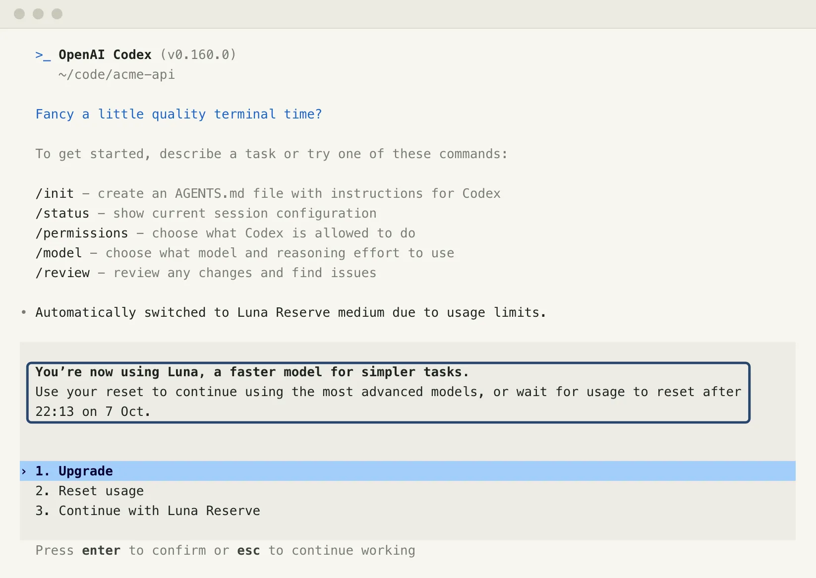 Codex CLI 0.160 in a terminal saying it automatically switched to Luna Reserve due to usage limits, above a dialog offering Upgrade, Reset usage or Continue with Luna Reserve. A blue box marks the message that it is now using Luna and that usage resets after 22:13 on 7 Oct.