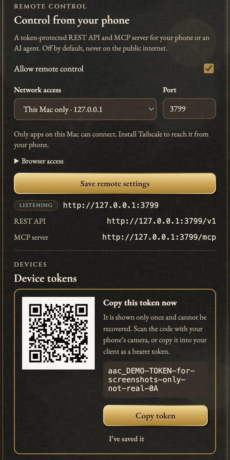 The Remote control section of Agent Auto-Continue Settings with Allow remote control ticked, network access set to This Mac only on port 3799, and the app listening on 127.0.0.1 with its REST API and MCP server addresses. Below, a new device token is shown once as a QR code and a demo token with Copy token and an I have saved it button.