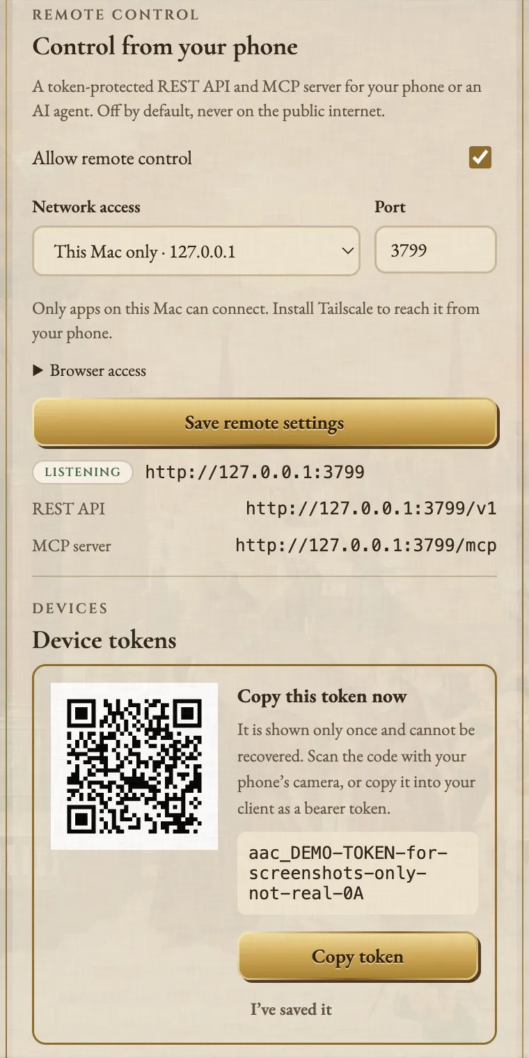 The Remote control section of Agent Auto-Continue Settings with Allow remote control ticked, network access set to This Mac only on port 3799, and the app listening on 127.0.0.1 with its REST API and MCP server addresses. Below, a new device token is shown once as a QR code and a demo token with Copy token and an I have saved it button.