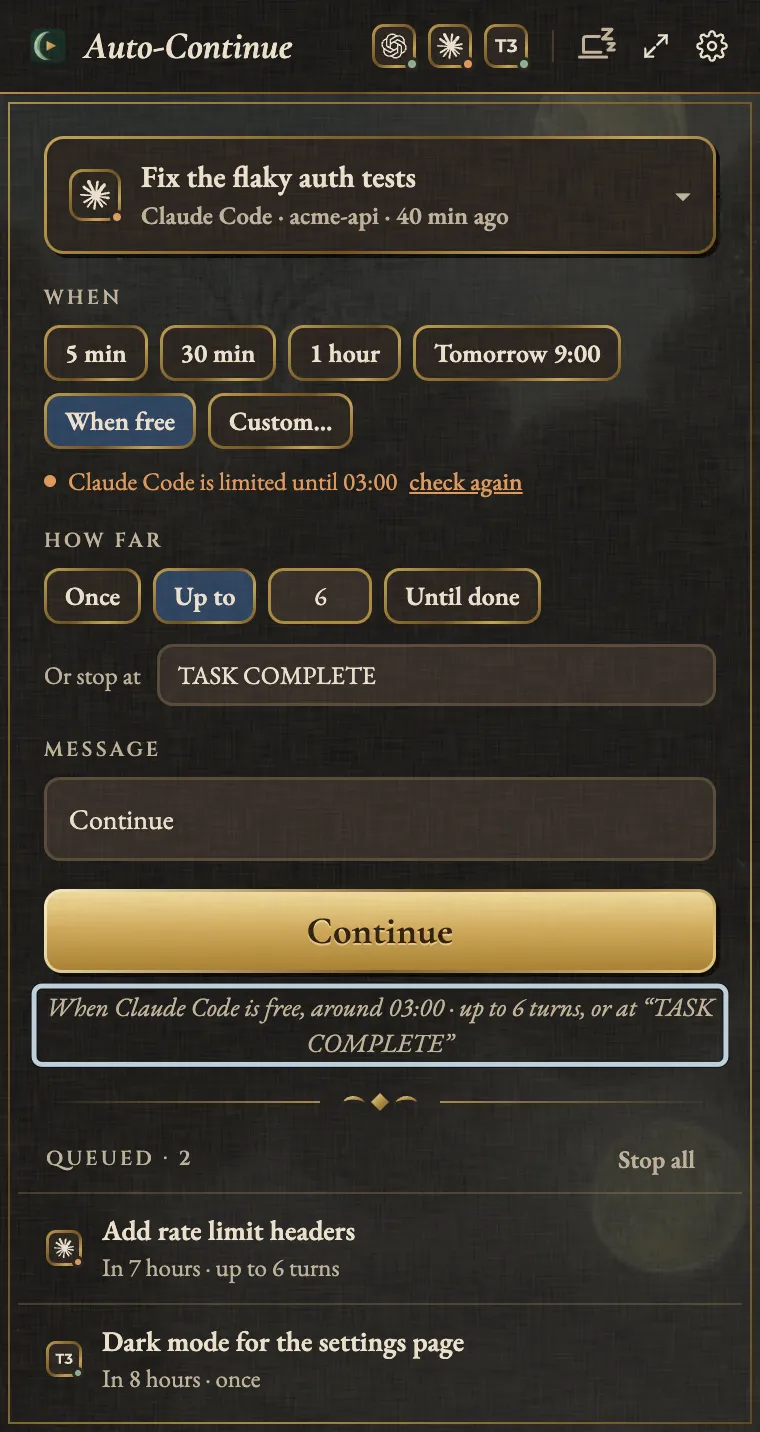 The Agent Auto-Continue menu-bar rail with the Claude Code session "Fix the flaky auth tests" chosen, When free selected because Claude Code is limited until 03:00, and Up to 6 turns with the stop phrase TASK COMPLETE. A blue box marks the line under Continue, which reads "When Claude Code is free, around 03:00 · up to 6 turns, or at TASK COMPLETE".