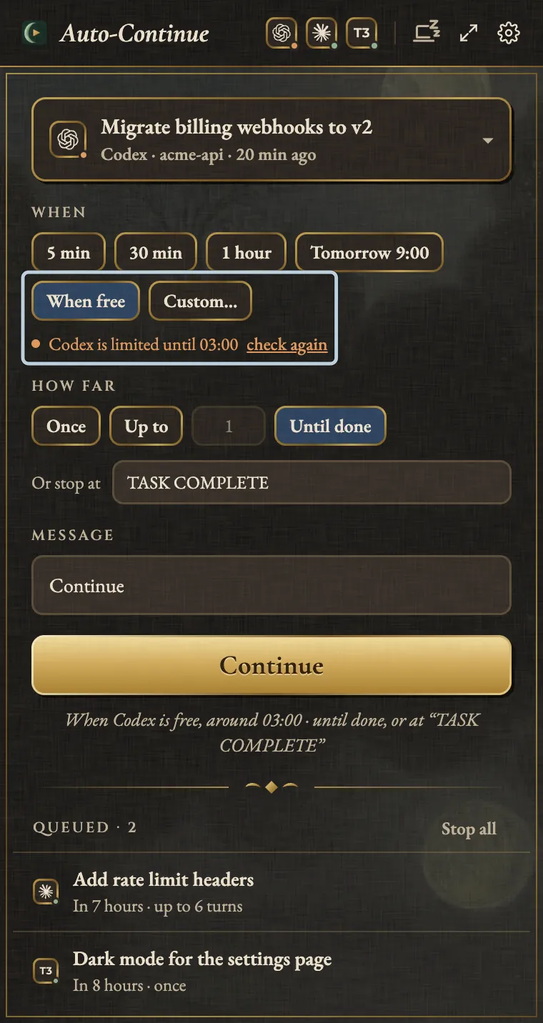 The Agent Auto-Continue menu-bar rail with the Codex thread "Migrate billing webhooks to v2" chosen, When free selected, and Until done with the stop phrase TASK COMPLETE. A blue box marks the When free button and the note that Codex is limited until 03:00.