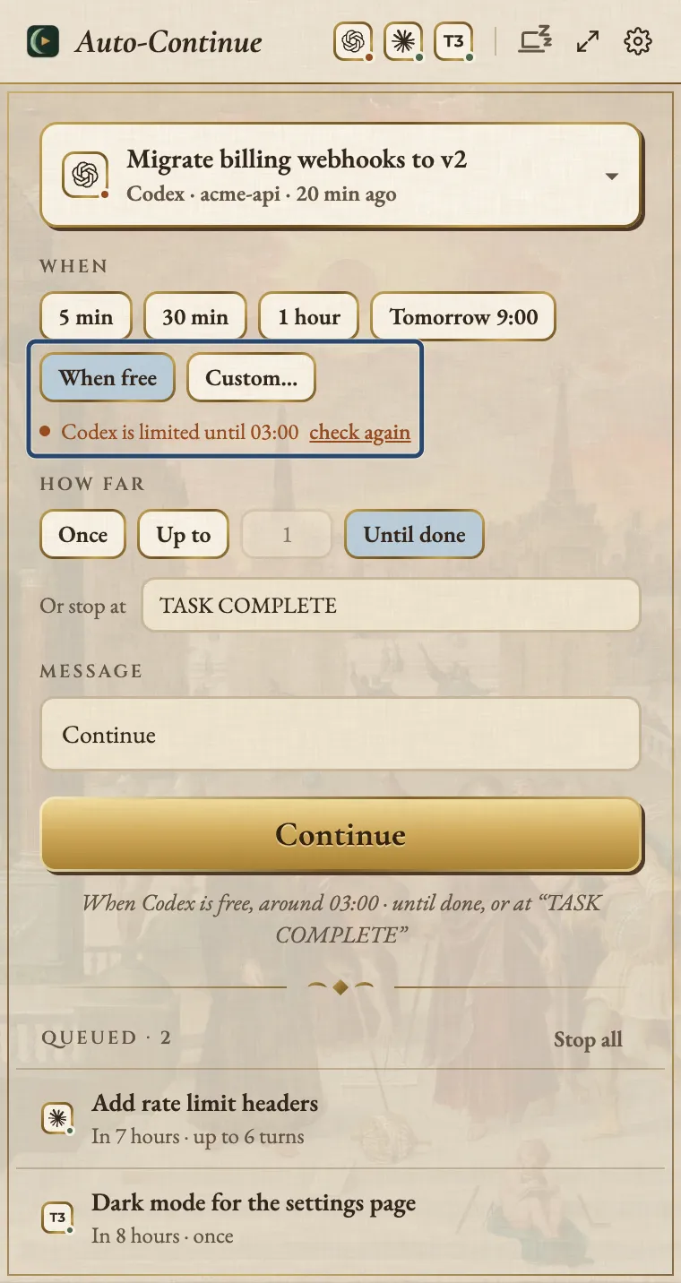 The Agent Auto-Continue menu-bar rail with the Codex thread "Migrate billing webhooks to v2" chosen, When free selected, and Until done with the stop phrase TASK COMPLETE. A blue box marks the When free button and the note that Codex is limited until 03:00.